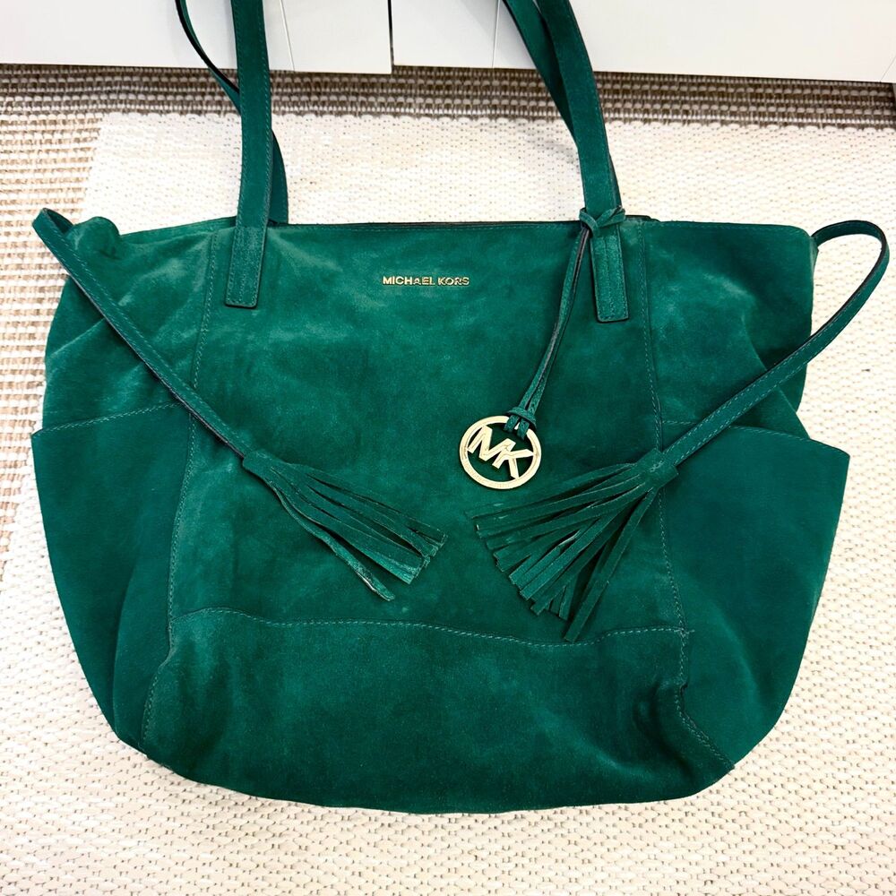 Michael Kors Ashbury Large Suede Grab Bag - Emerald, Gold Accents, Dust Bag - Picture 2 of 12
